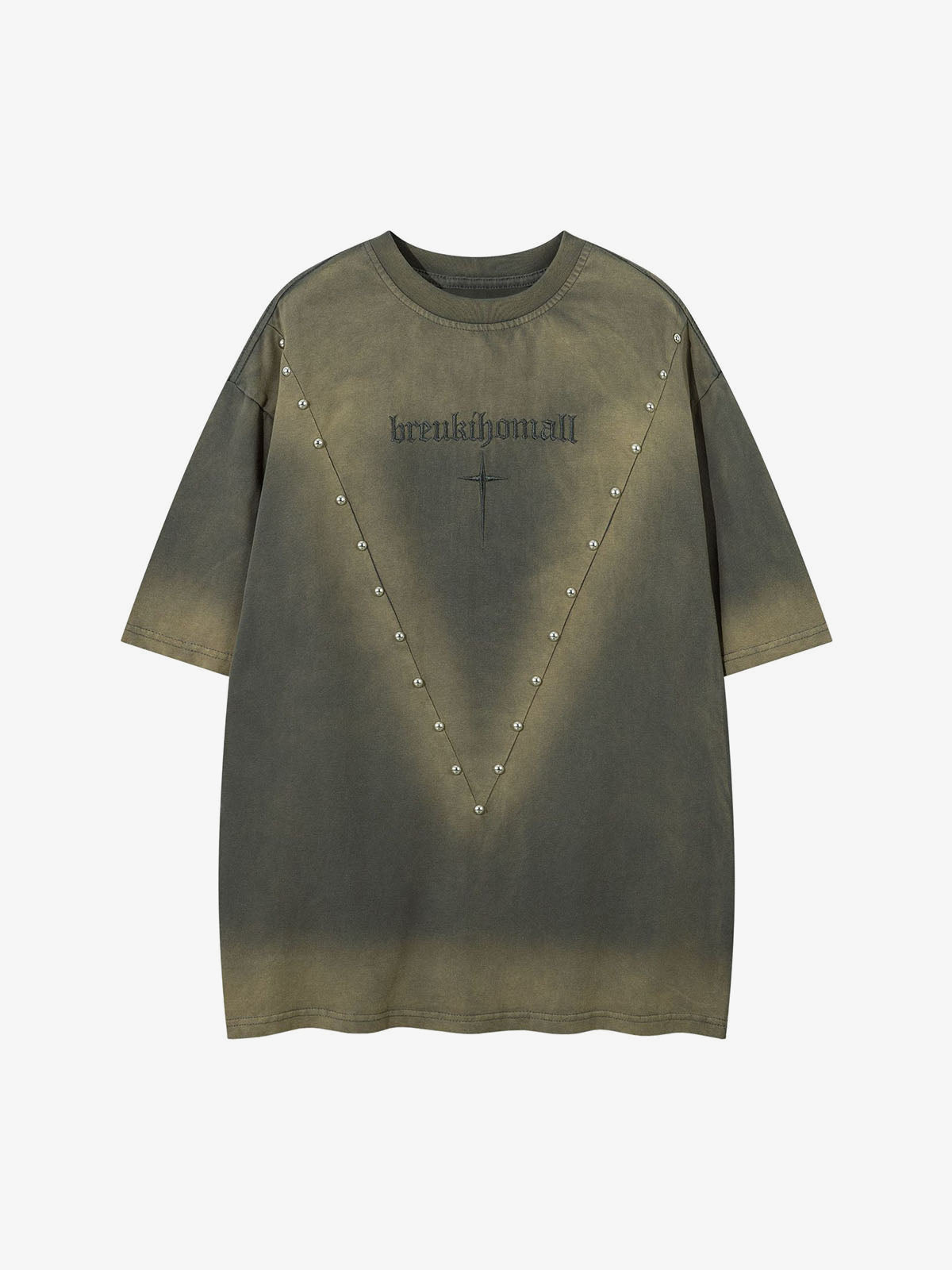 Studded Cross Oversized Washed T-Shirt – Olive, front view | XoKool