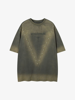Studded Cross Oversized Washed T-Shirt – Olive, front view | XoKool