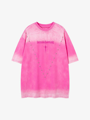 Studded Cross Oversized Washed T-Shirt – Pink, front view | XoKool
