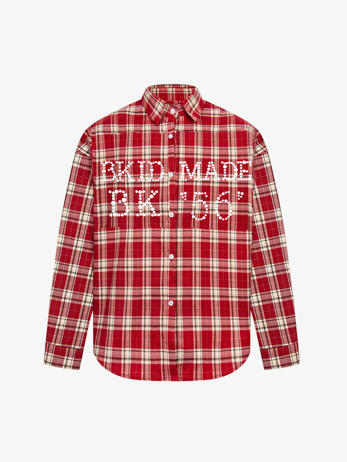Pearl Lettering Plaid Button Up Shirt – Red, front flat lay | XoKool