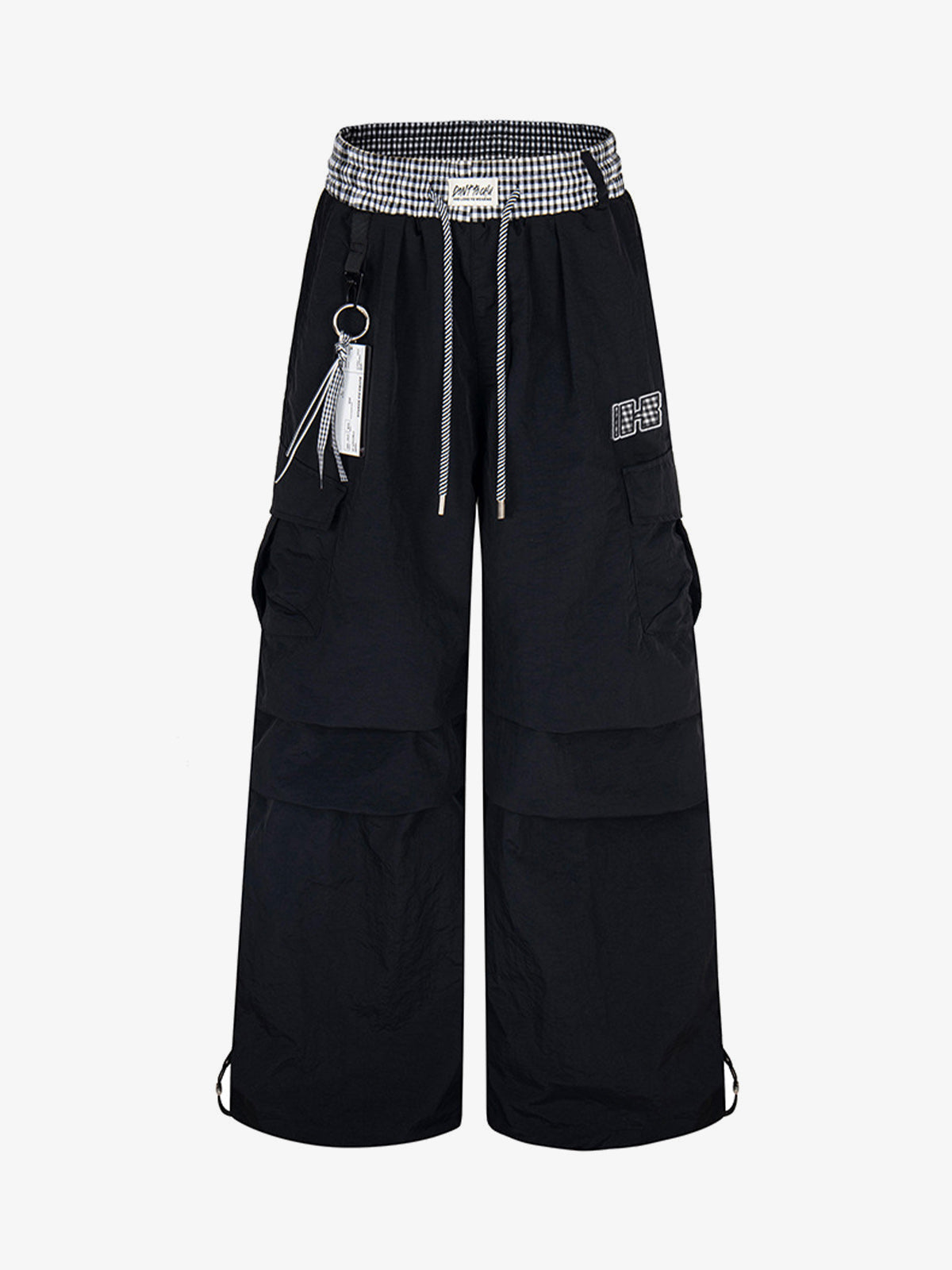 Parachute Pants with Gingham Double Waistband – Black, front view | XoKool