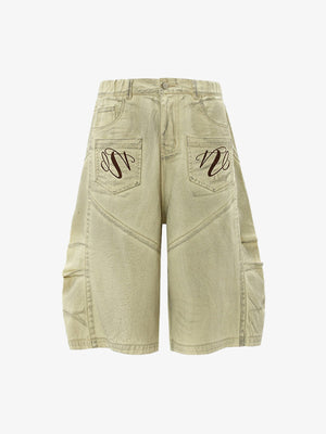 Cremefarbene Wide Leg Jorts mit bestickten Taschen – Creme, Vorderansicht | XoKool