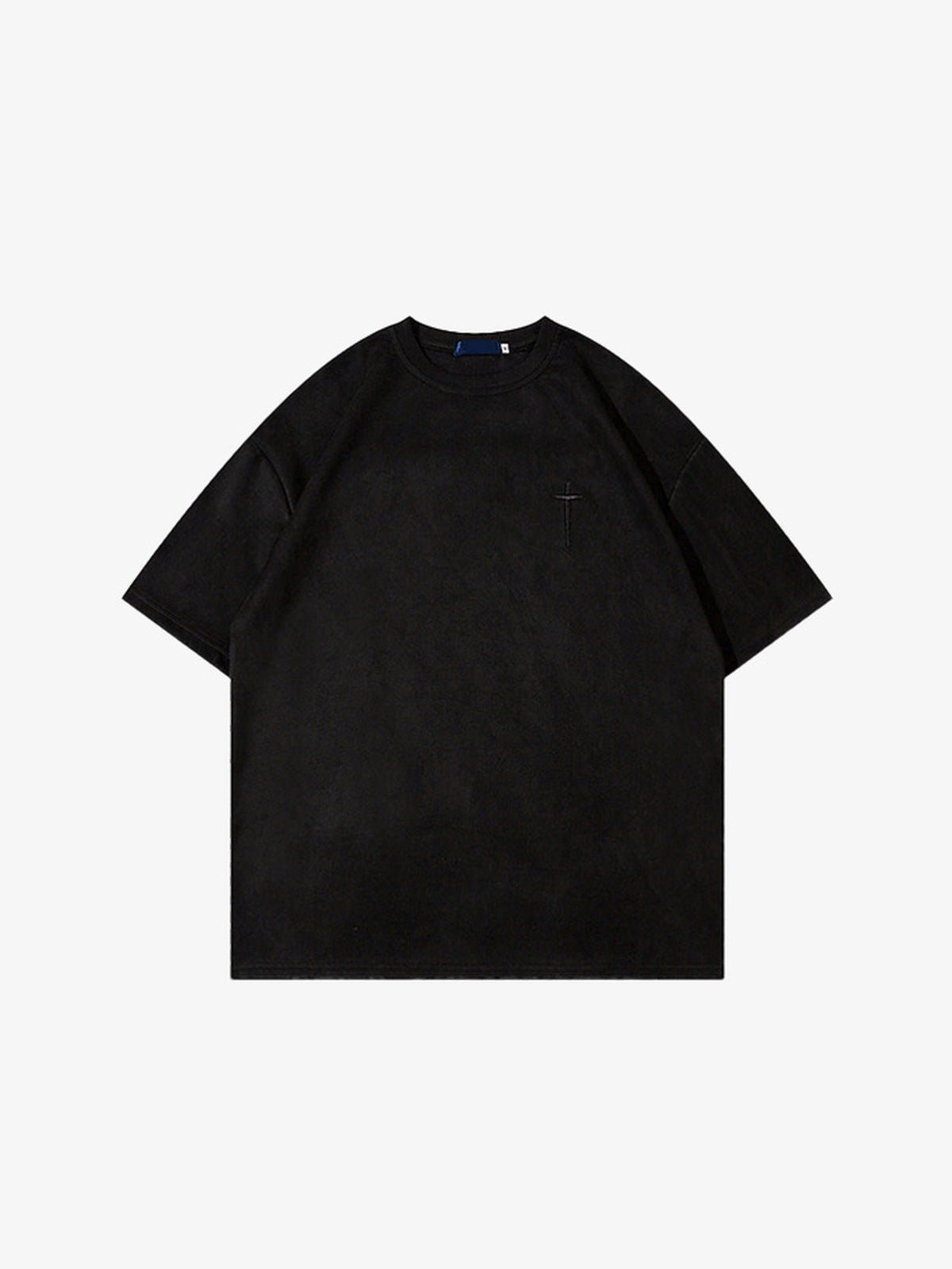 Suede-Look Embroidered T Shirt with Small Cross – Black, front view | XoKool