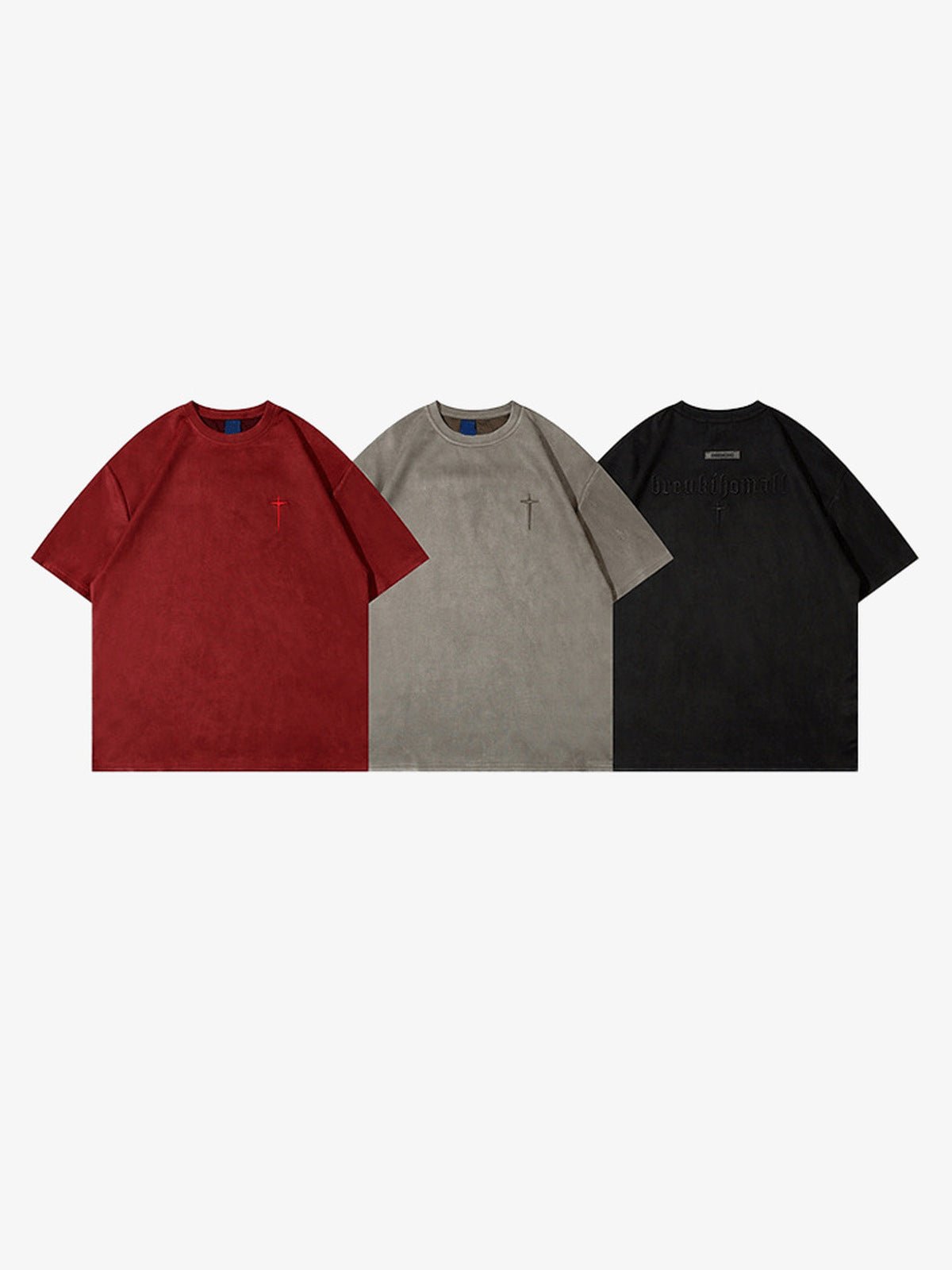 Suede-Look Embroidered T Shirt with Small Cross – Red, Taupe, Black, group | XoKool