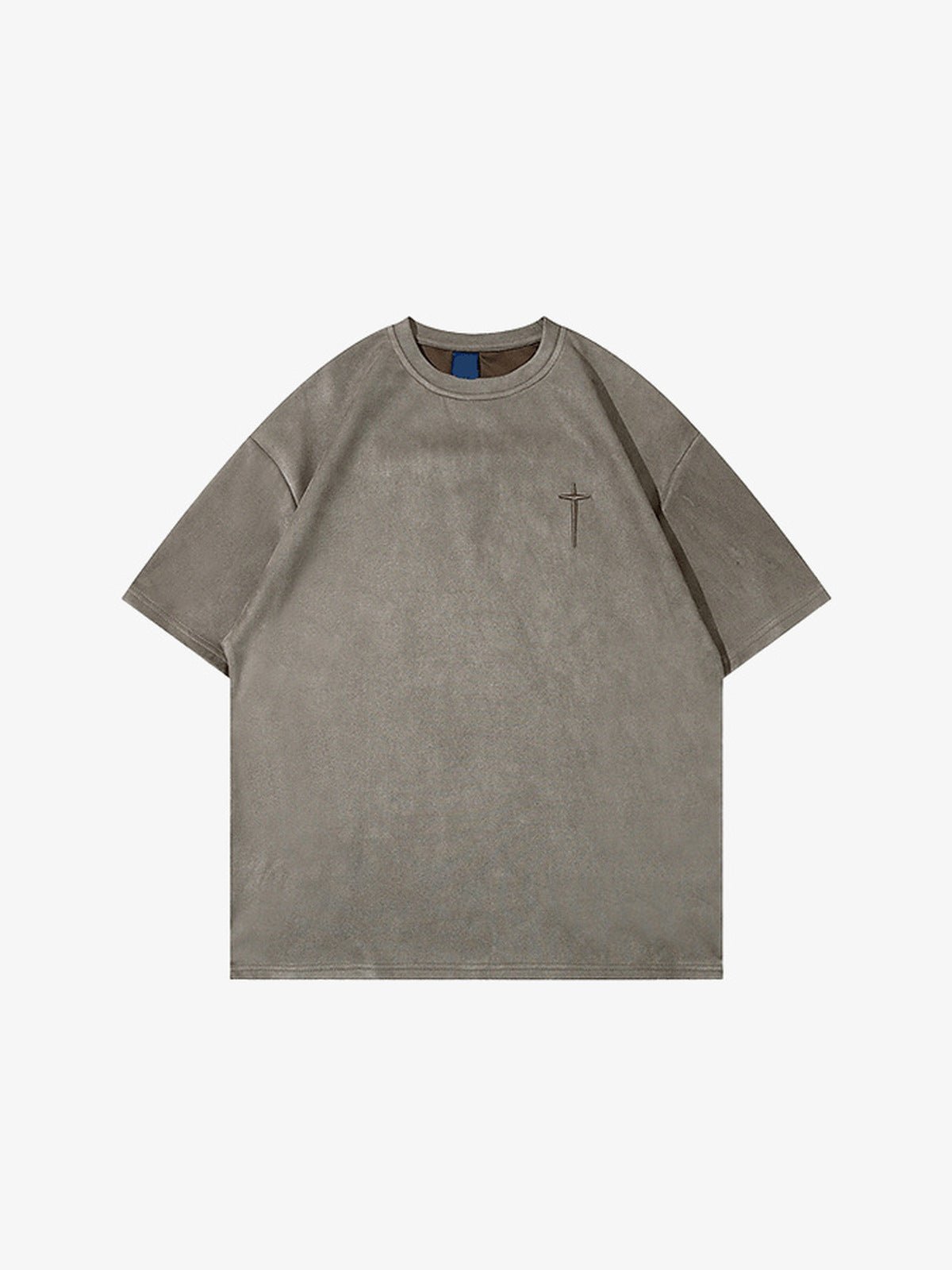 Suede-Look Embroidered T Shirt with Small Cross – Taupe, front view | XoKool