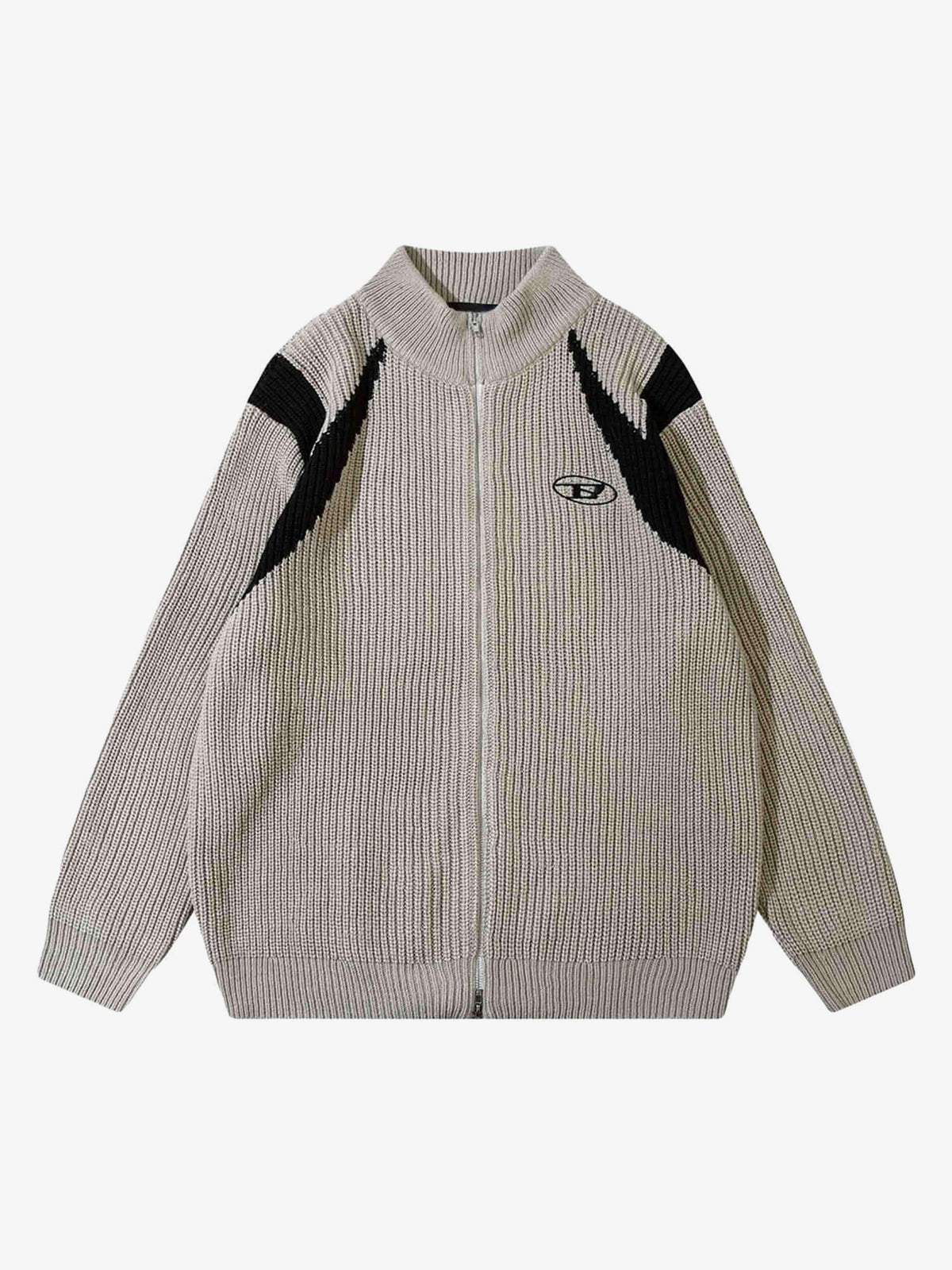 Colour-Block Rippstrick-Pullover mit durchgehendem Reißverschluss – Beige, Vorderansicht | XoKool