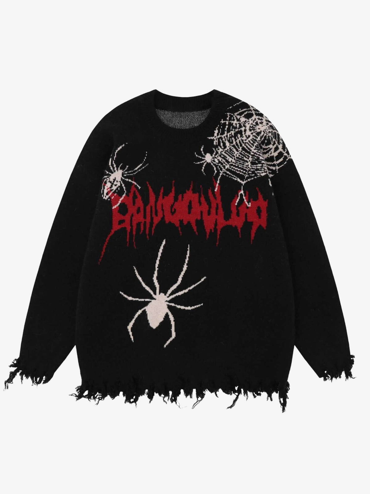 Distressed Spider Web Jacquard Sweater – Black, front view | XoKool