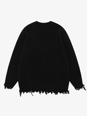 Distressed Spider Web Jacquard Sweater – Black, back view | XoKool