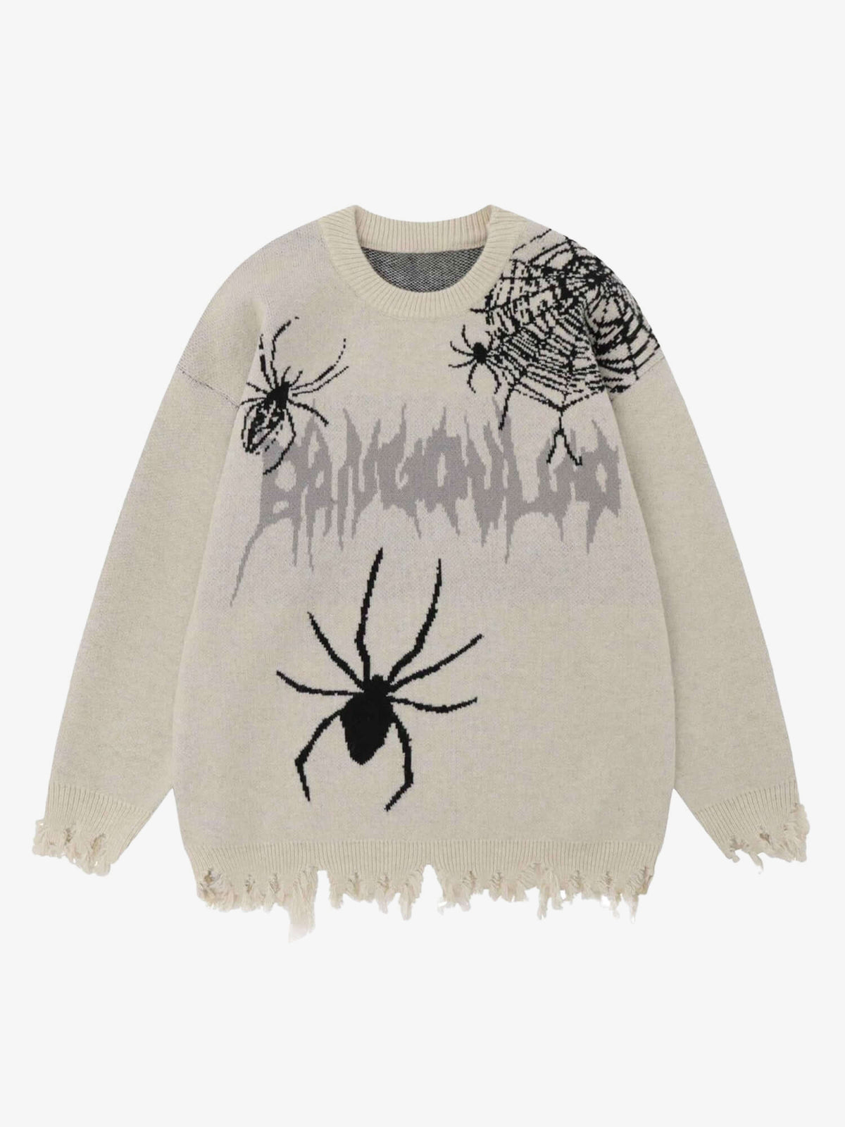 Distressed Spider Web Jacquard Sweater – Cream, front view | XoKool