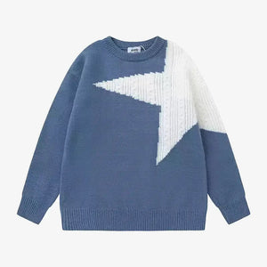 Oversized Strickpullover mit Stern in Intarsien-Optik – Blau, Vorderansicht | XoKool