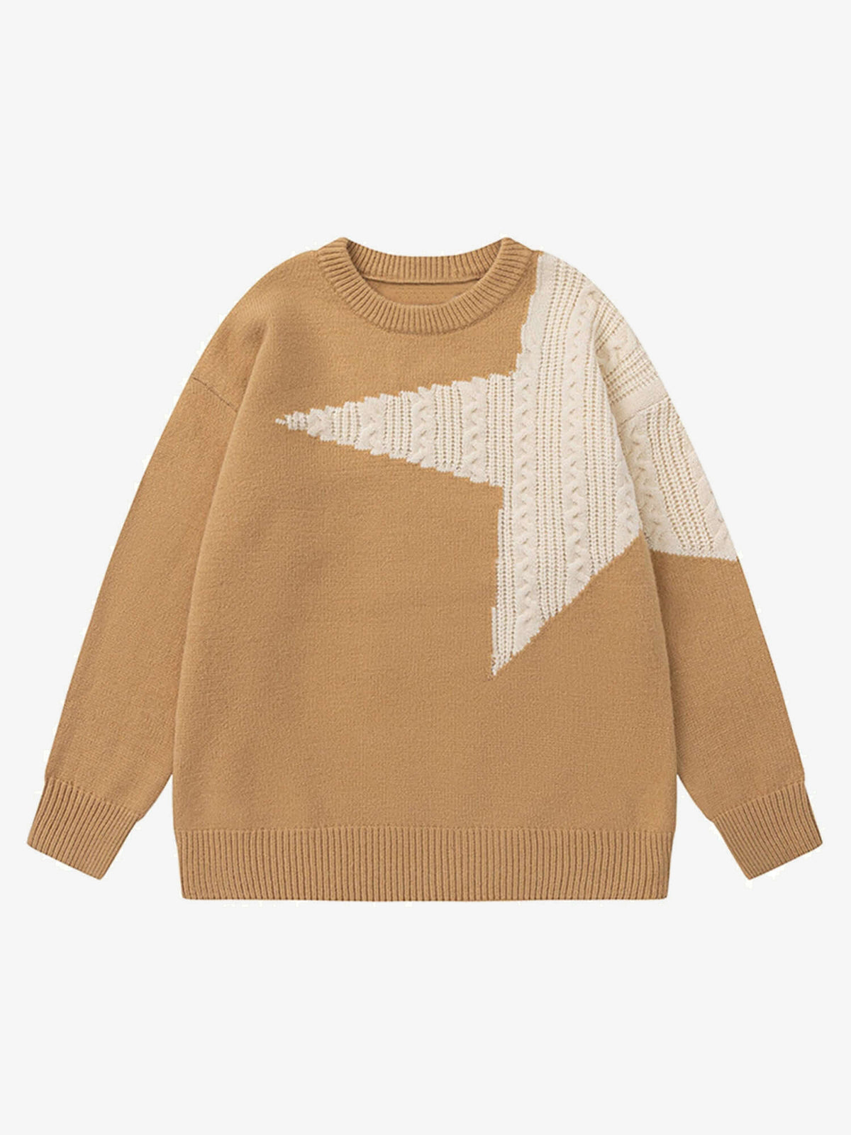 Oversized Strickpullover mit Stern in Intarsien-Optik – Camel, Vorderansicht | XoKool