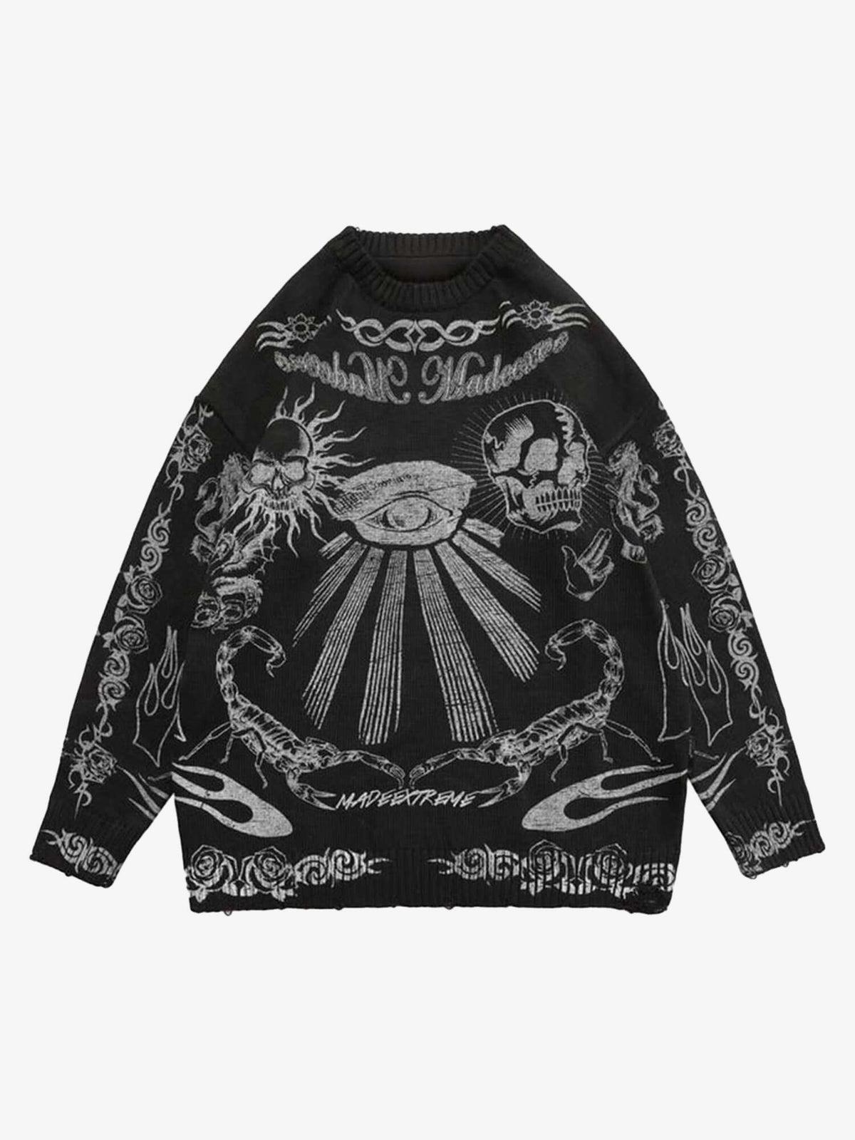 Skull Tattoo Jacquard Knit Sweater – Black, front view | XoKool
