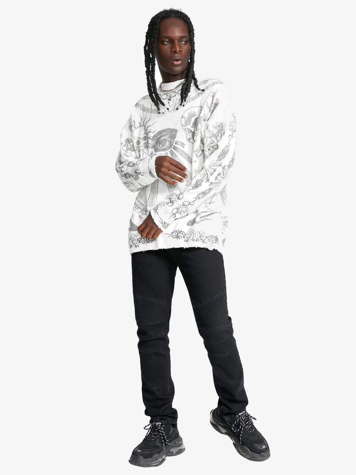 Pullover mit Totenkopf-Tattoo – Weiß, am Model, Ganzkörper | XoKool