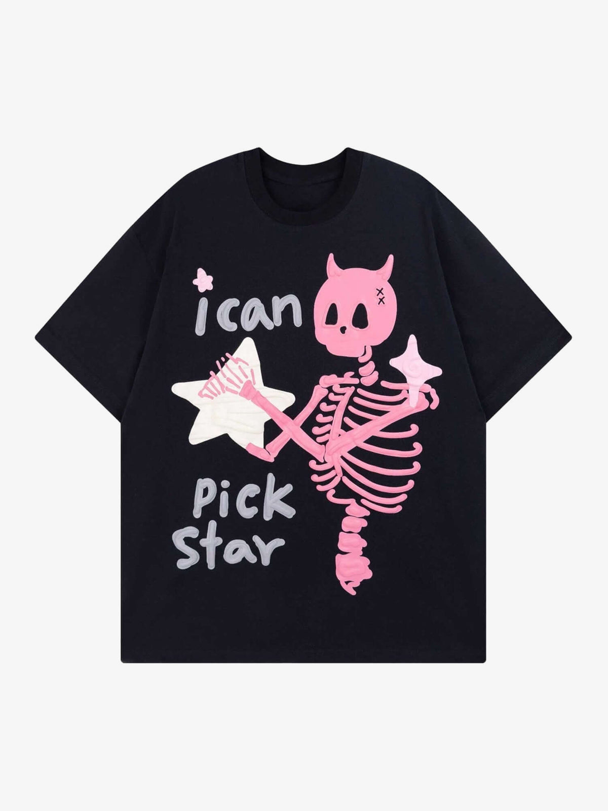 Puff Print Devil Skeleton Graphic Tee – Black, front view | XoKool