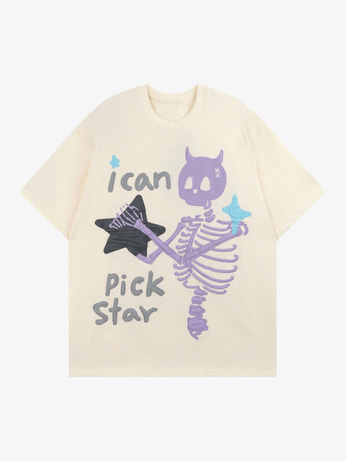 Camiseta gráfica con esqueleto diablo en puff print – Crema, vista frontal | XoKool