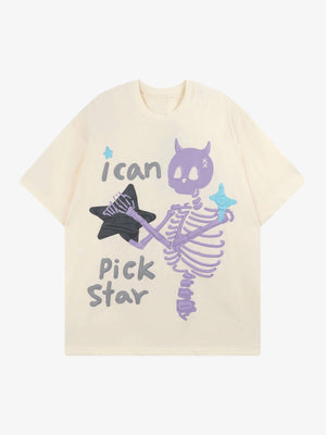 Camiseta gráfica con esqueleto diablo en puff print – Crema, vista frontal | XoKool