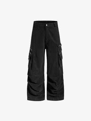 Tactical Wide Leg Cargohose mit Reißverschlusstasche – Schwarz, flach von vorn | XoKool