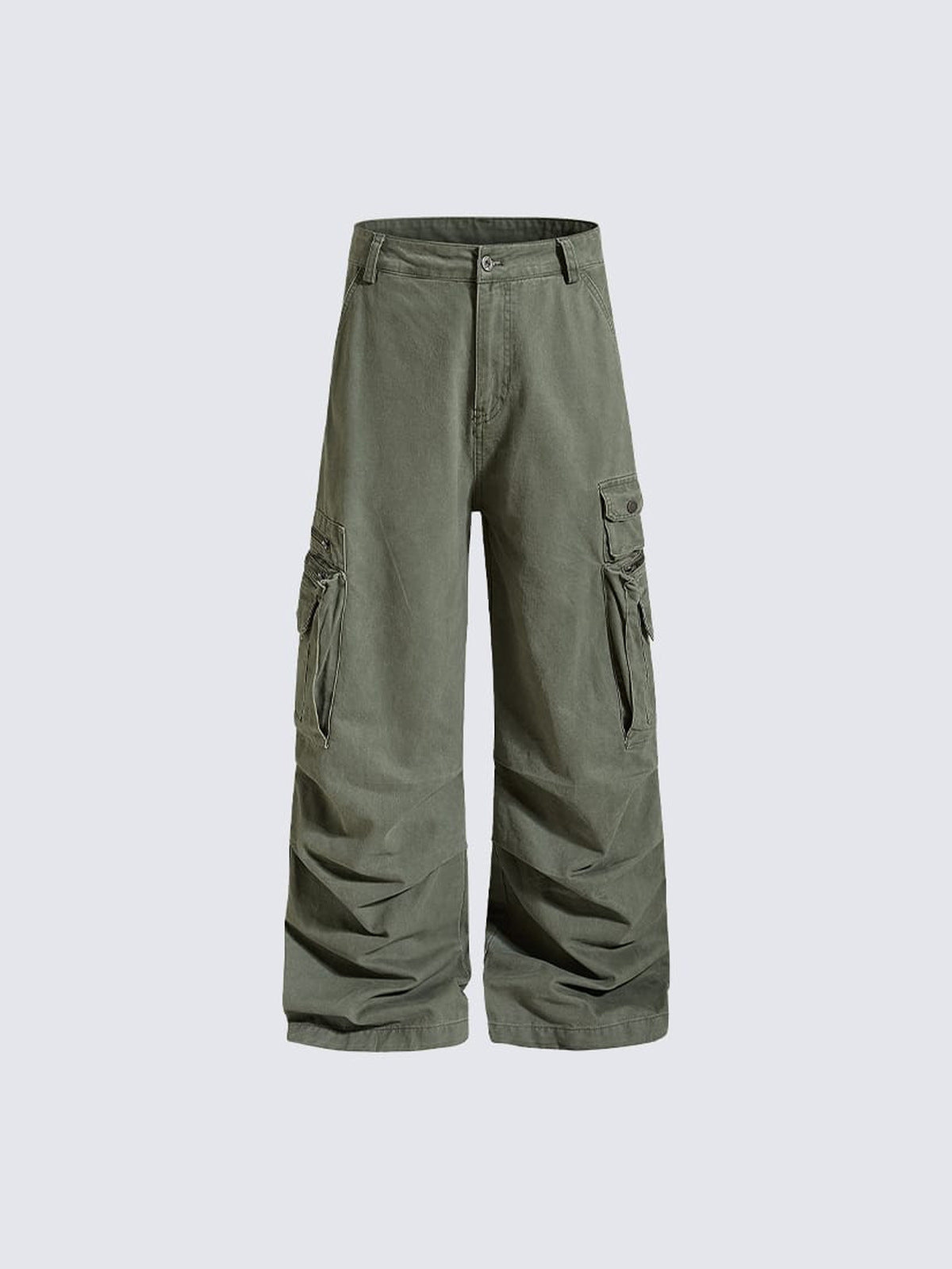 Tactical Wide Leg Cargohose mit Zip-Tasche – Oliv, Vorderseite flach | XoKool