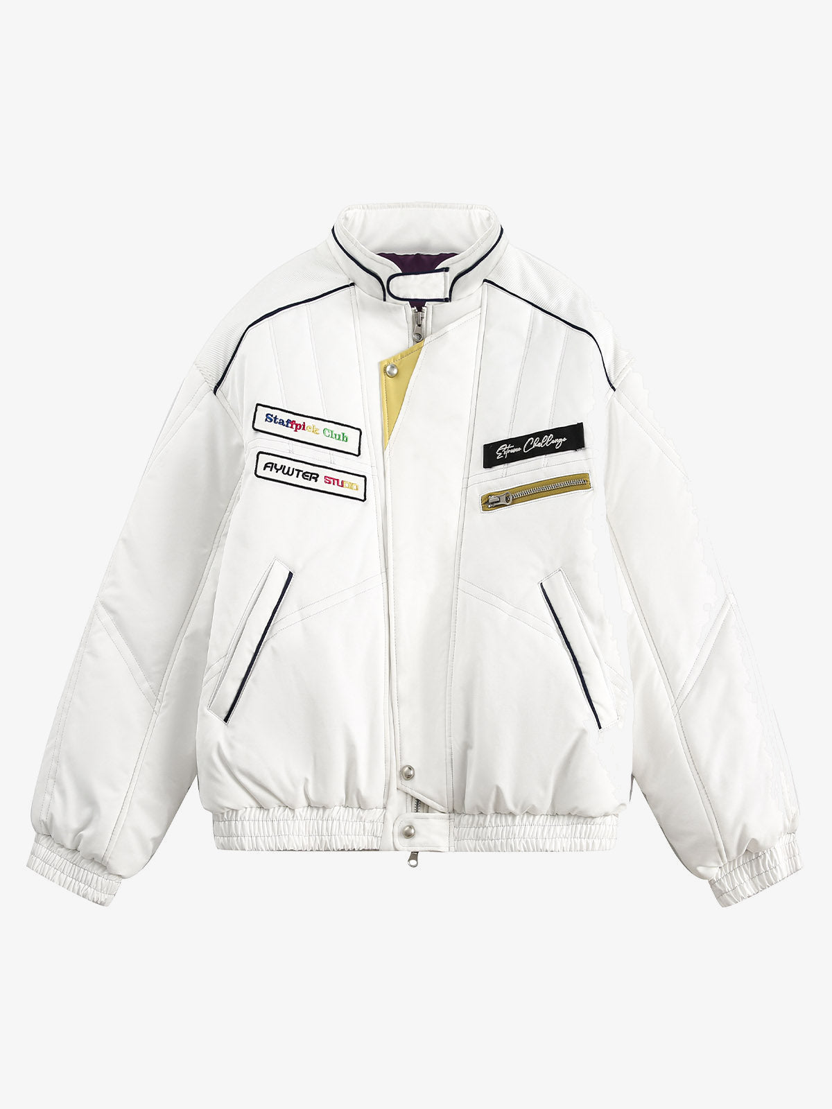 Weiße gepolsterte Racing-Jacke mit Patches – Weiß, Vorderansicht | XoKool
