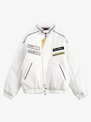 Weiße gepolsterte Racing-Jacke mit Patches – Weiß, Vorderansicht | XoKool