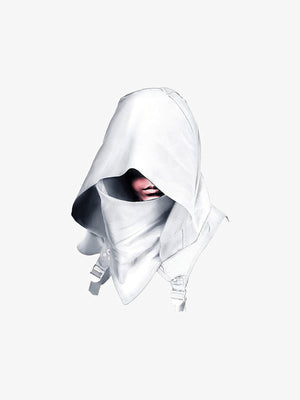 Capucha techwear con cubierta facial integrada – Blanco, vista frontal | XoKool