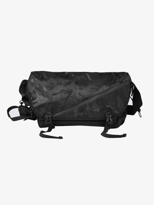 Techwear Messenger Crossbody Bag with Buckle Flap – Black camo, front | XoKool