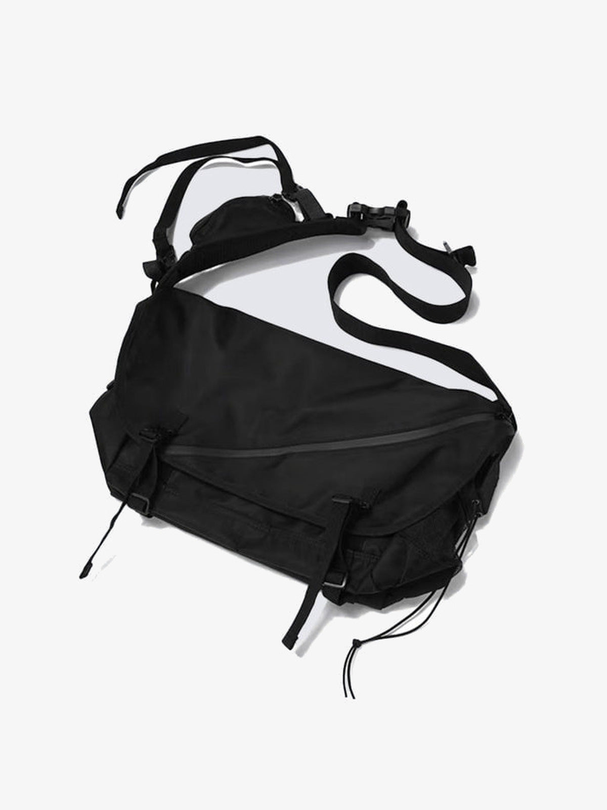 Techwear Messenger Crossbody Bag with Buckle Flap – Black, flat lay | XoKool