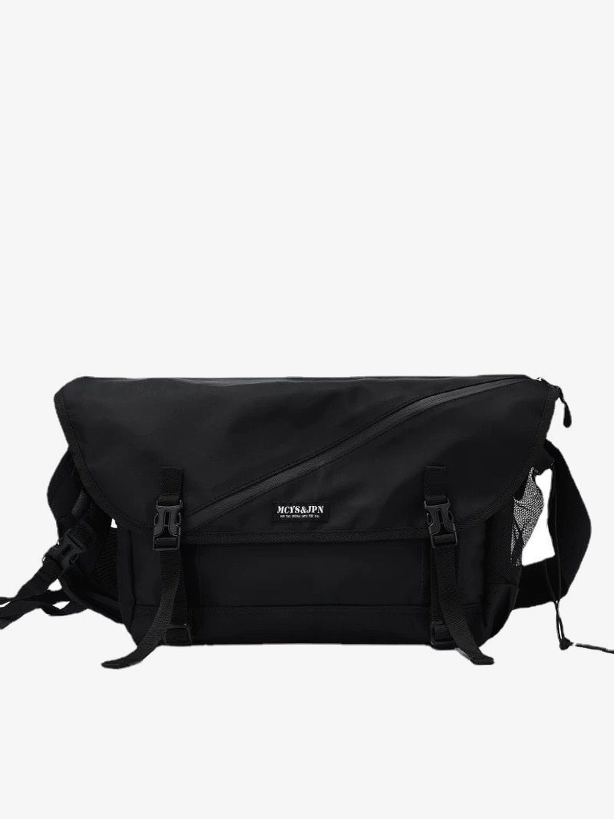 Techwear messenger bag – Black, front with tag | XoKool
