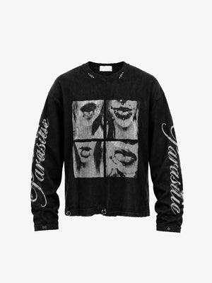 Thermal Long Sleeve Shirt with Pierced Lips Print – Black, front | XoKool