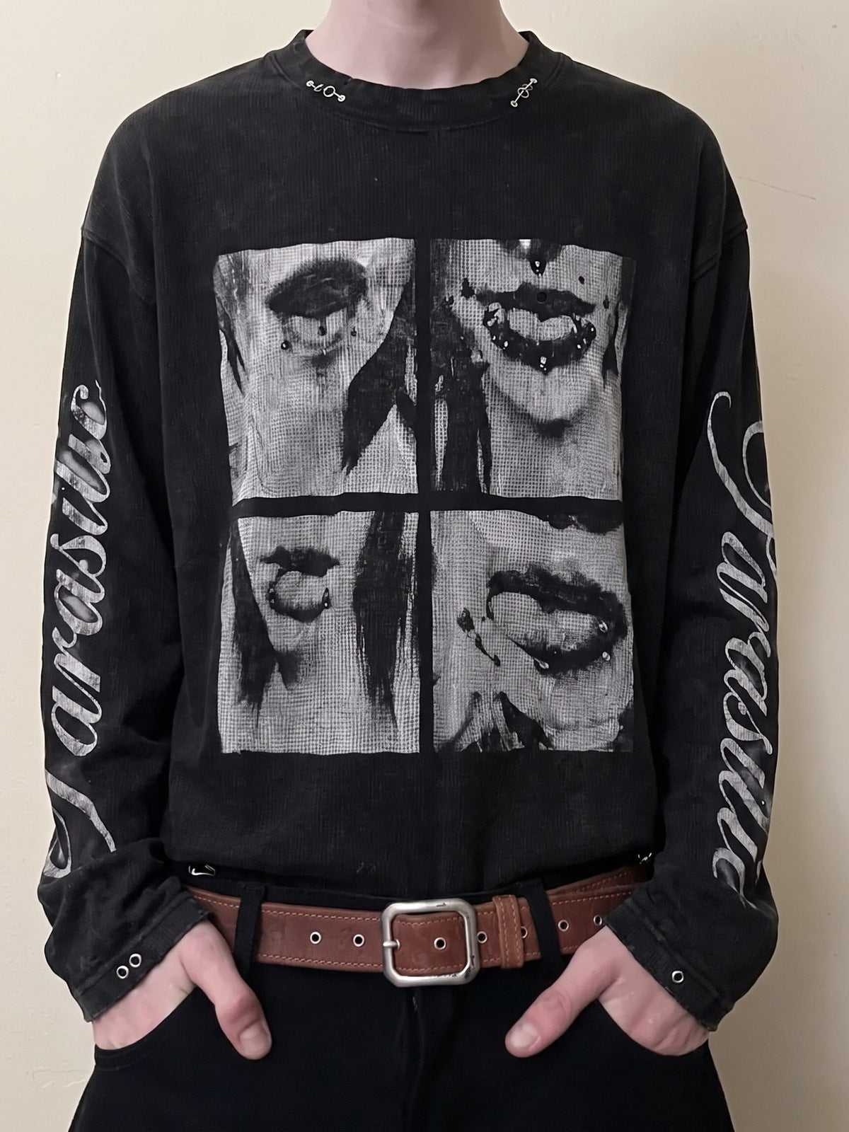 Thermal Long Sleeve Shirt with Pierced Lips Print – Black, on model front | XoKool