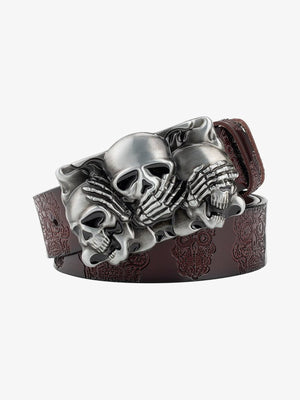 Totenkopf-Schnallengürtel – Dunkelbraun, Nahaufnahme der Schnalle | XoKool