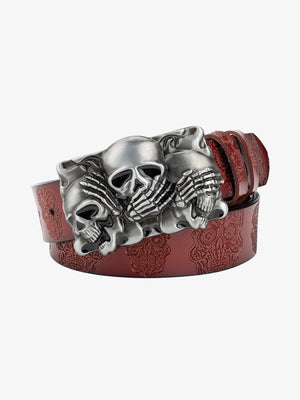 Totenkopf-Schnallengürtel – Rotbraun, Nahaufnahme der Schnalle | XoKool