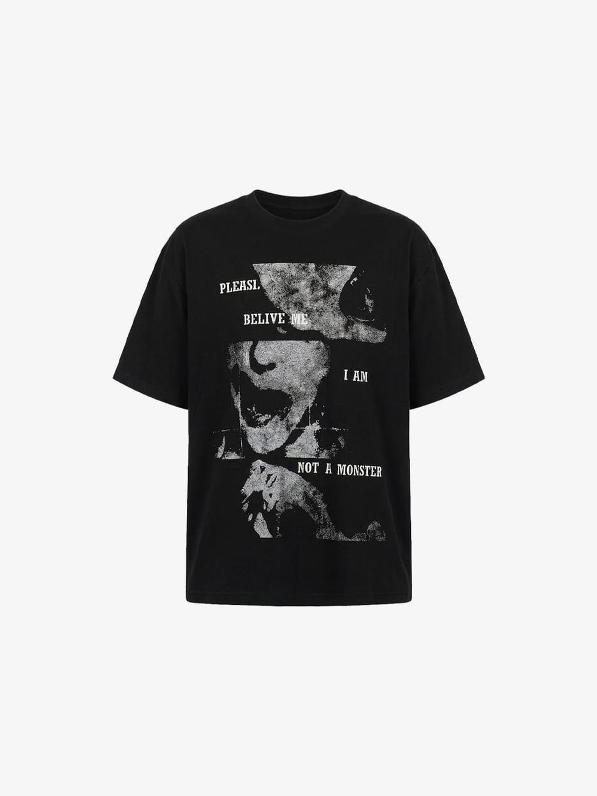 Torn Face Print Oversized Graphic Tee – Black, front flat | XoKool