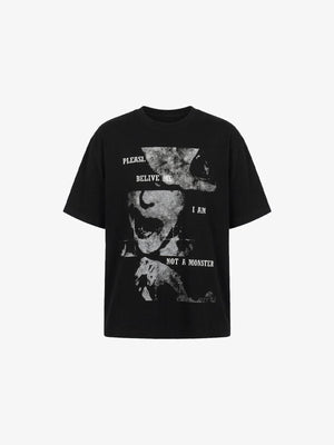 Torn Face Print Oversized Graphic Tee – Black, front flat | XoKool