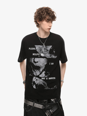 Torn Face Print Oversized Graphic Tee – Black, on model front | XoKool