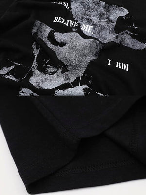 Torn face graphic tee – print and hem close-up | XoKool