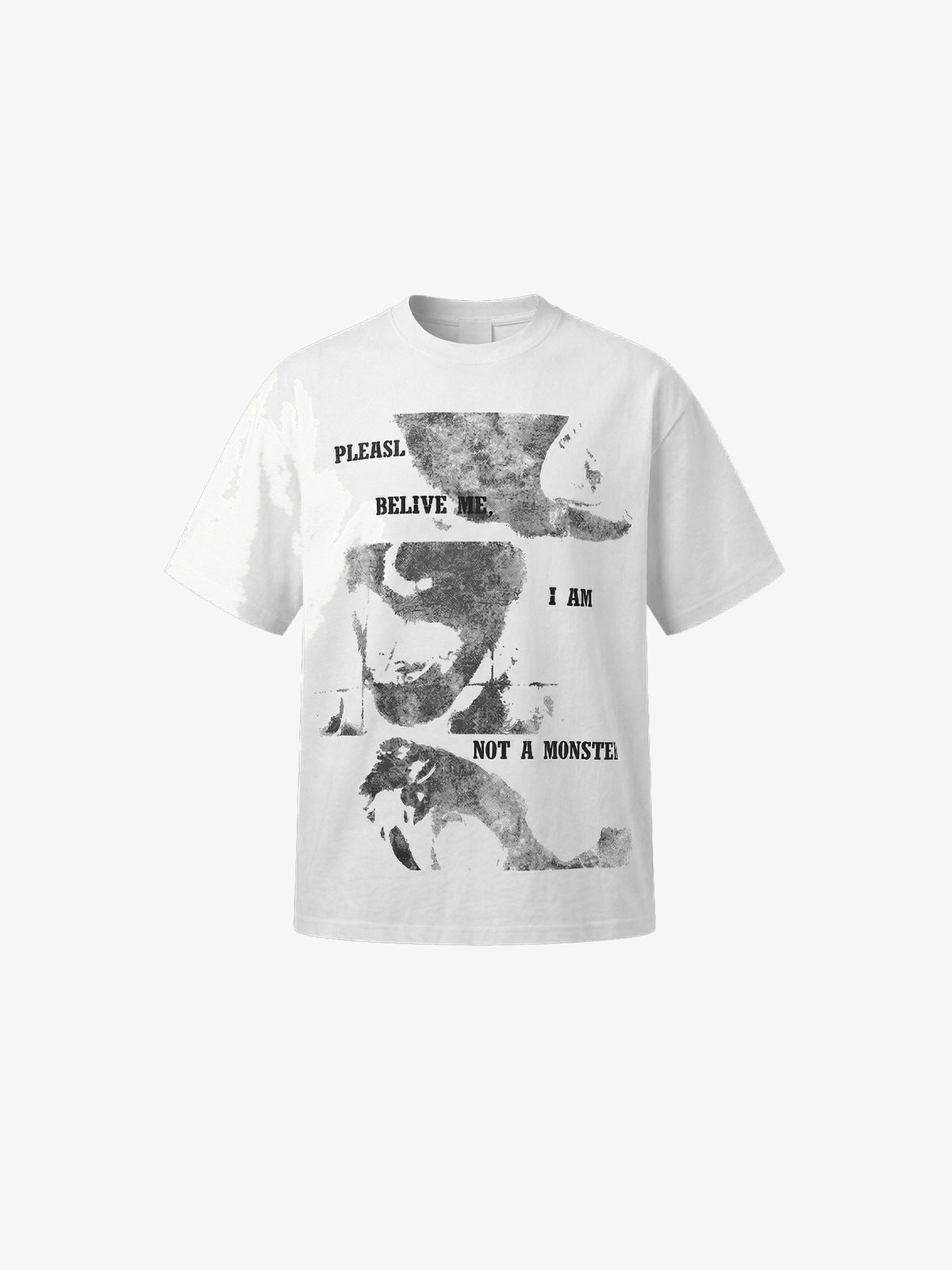 Torn Face Print Oversized Graphic Tee – White, front flat | XoKool