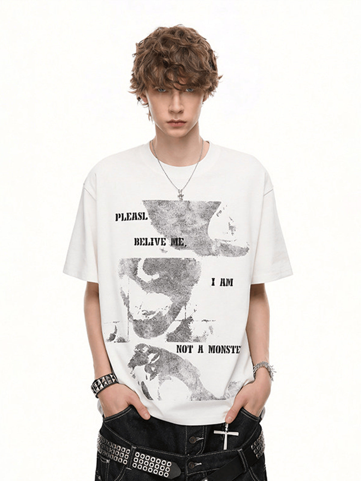 Torn Face Print Oversized Graphic Tee – White, on model front | XoKool