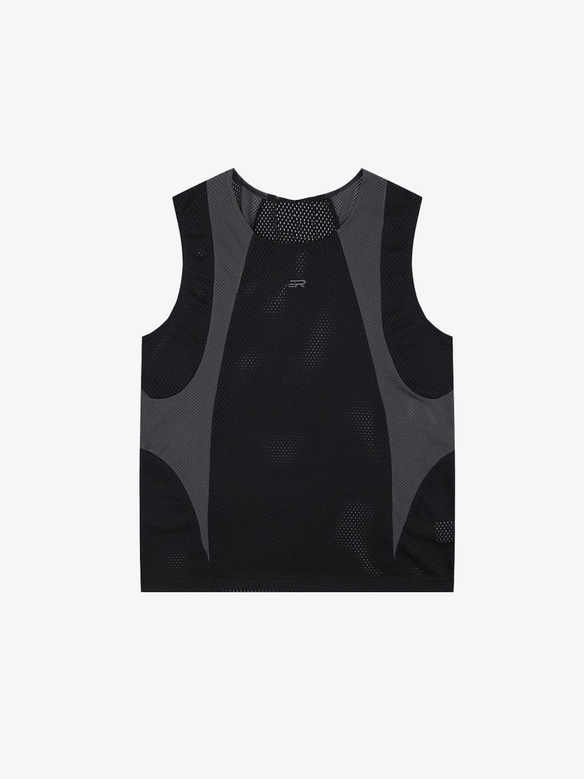 Zweifarbiges Mesh Tanktop mit Kontrasteinsätzen an den Seiten – Schwarz/Grau, Vorderansicht flach | XoKool