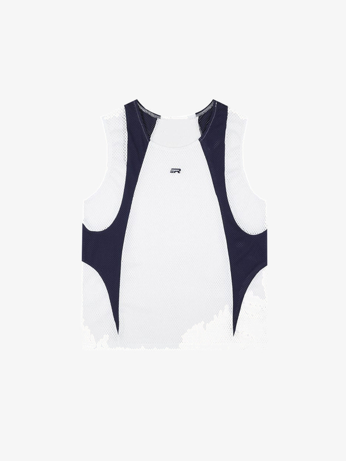 Two-Tone Mesh Tank Top with Contrast Side Panels – White/Navy, front flat | XoKool