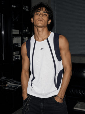 Two-Tone Mesh Tank Top with Contrast Side Panels – White/Navy, on model front | XoKool