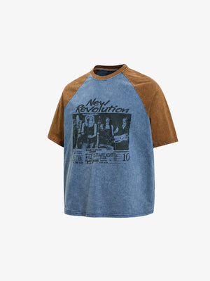 Two-Tone Raglan Tee with Retro Flyer Print – Blue / Brown, front angle view | XoKool