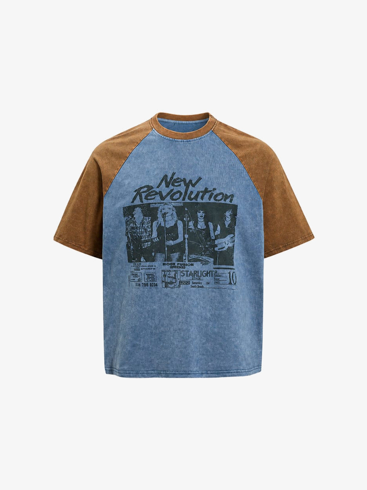 Two-Tone Raglan Tee with Retro Flyer Print – Blue / Brown, front view | XoKool