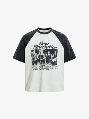 Two-Tone Raglan Tee with Retro Flyer Print – Light Grey / Black, front view | XoKool