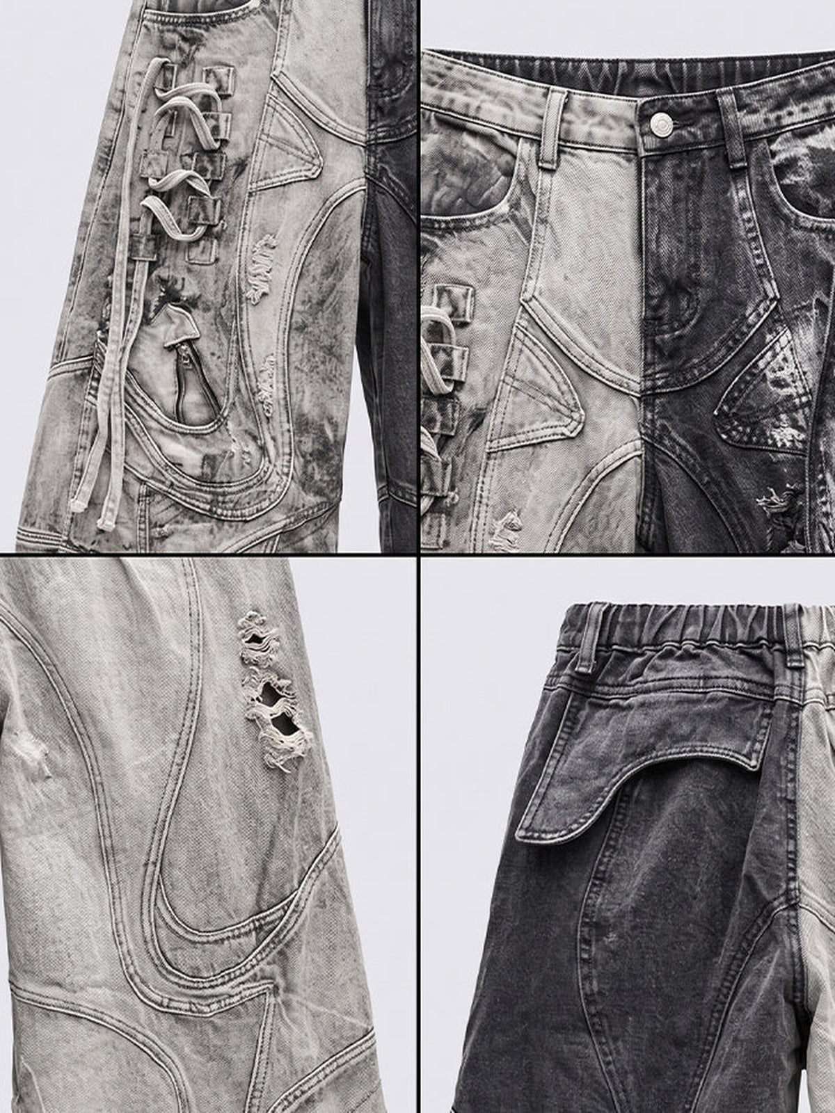 Zweifarbige Wide Leg Jeans – Detail-Collage: Nähte, Bund, Riss, Rückenbund | XoKool
