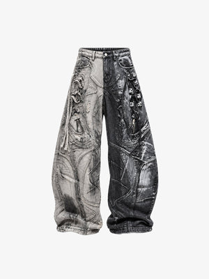 Zweifarbige Wide Leg Jeans mit geschwungenen Einsätzen – Vorderseite flach | XoKool