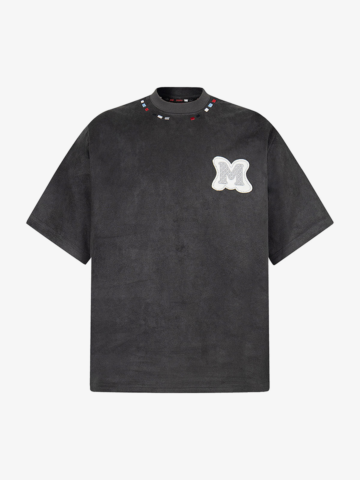 Faux Suede Mock Neck T-Shirt with Letter Patches – Charcoal, front view | XoKool