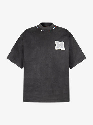 Faux Suede Mock Neck T-Shirt with Letter Patches – Charcoal, front view | XoKool