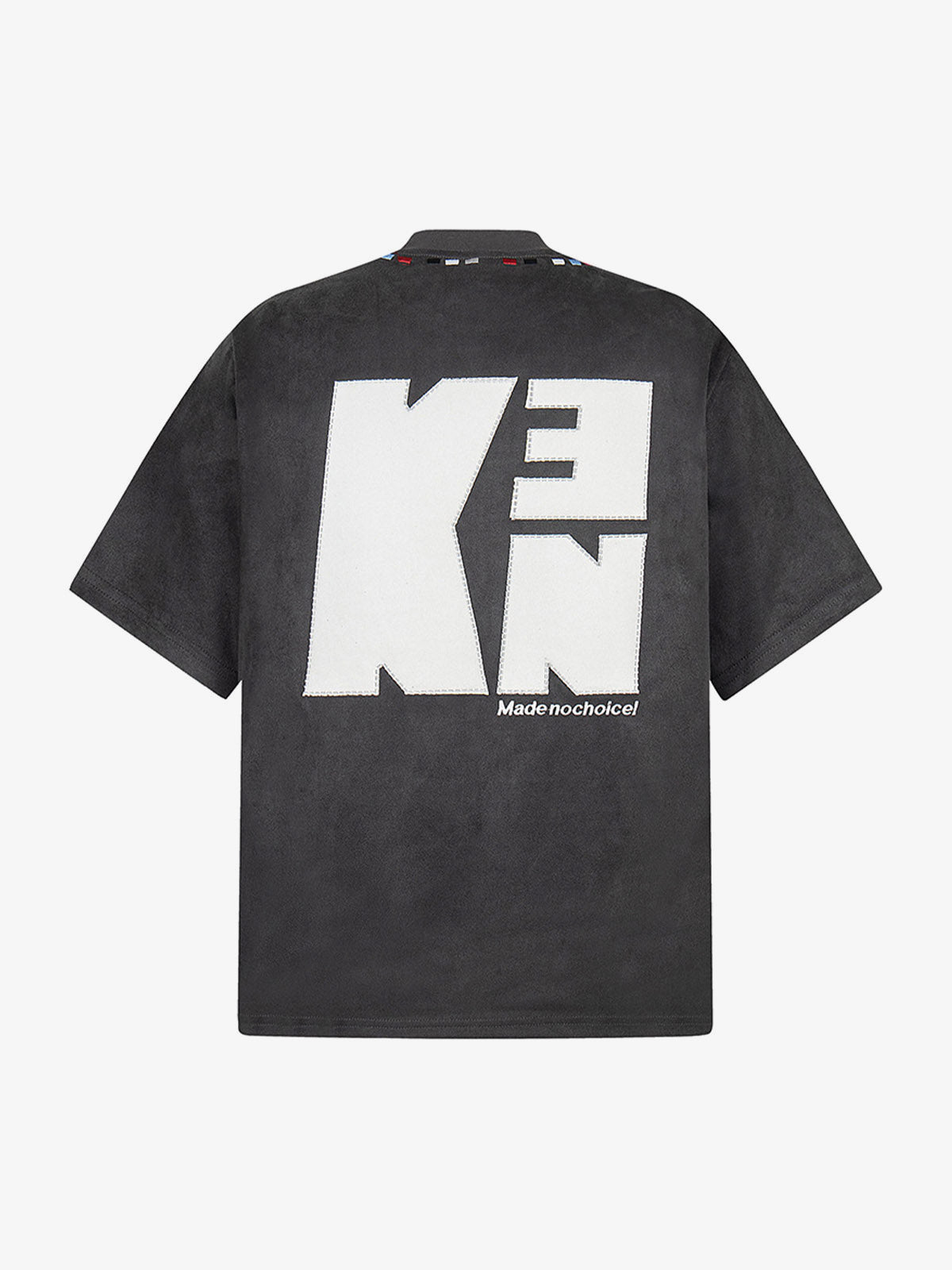 Faux Suede Mock Neck T-Shirt with Letter Patches – Back view | XoKool