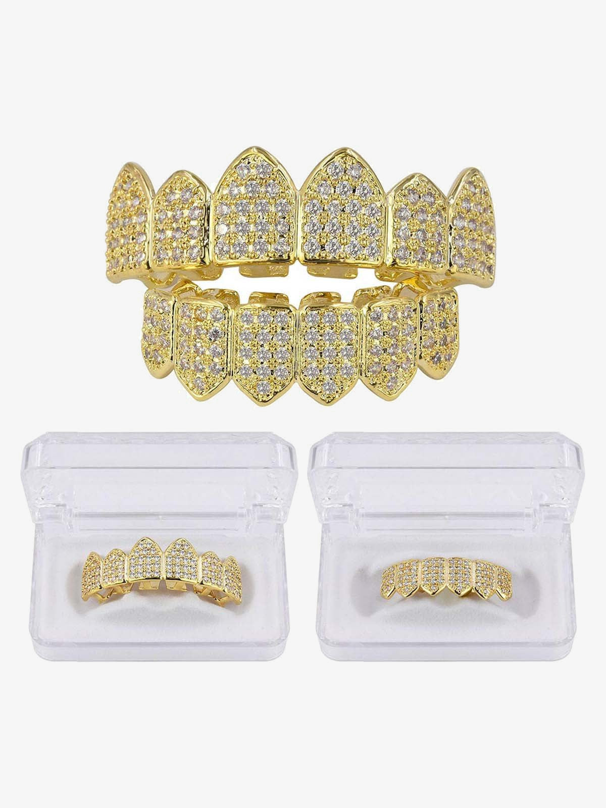 Iced Out Vampire Fang Grillz Top and Bottom Set – Gold, set with storage cases | XoKool